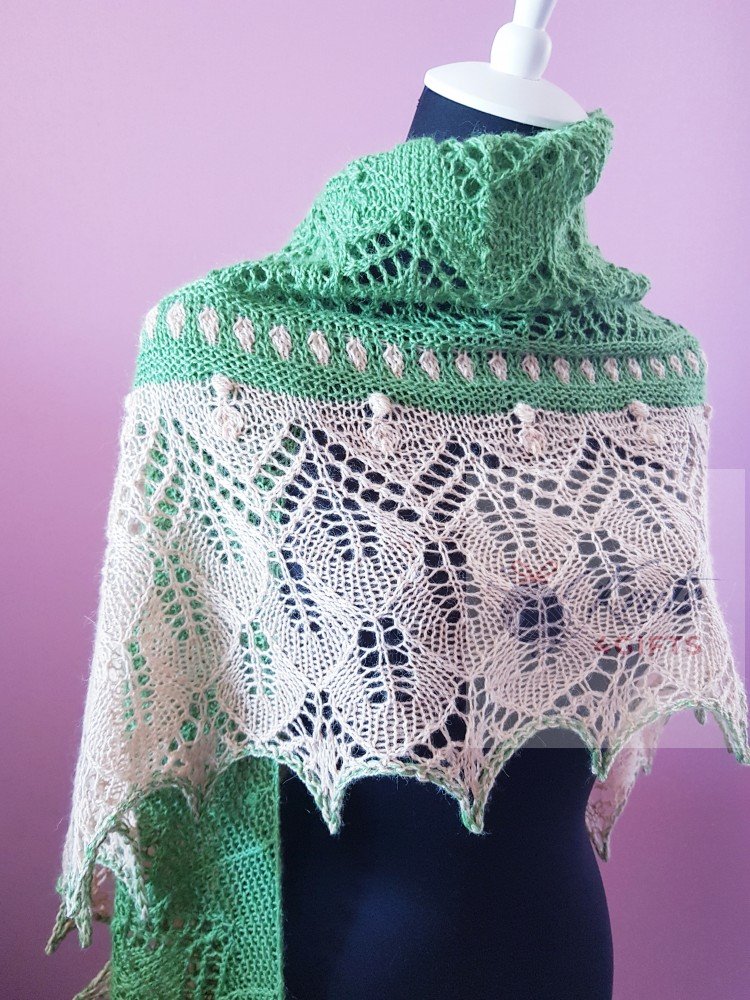 'Green & Buttermilk' Triangular Large Lace Shawl