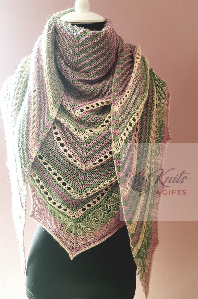 'Green, Pink & Buttermilk' Triangular Lace Shawl