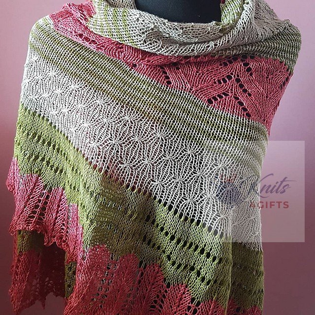 'Green, Pink & Grey Lace' Crescent Shawl