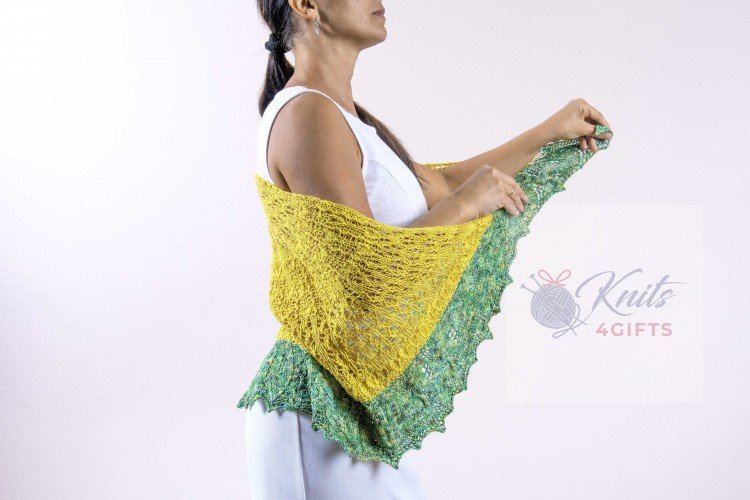 'Yellow Tonal & Green Speckle' Crescent Lace Shawl