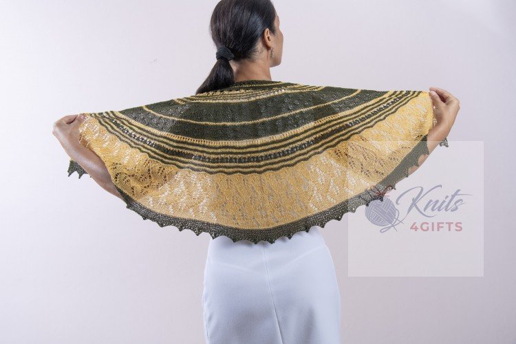 'Dark Green & Yellow' Crescent Lace Shawlette