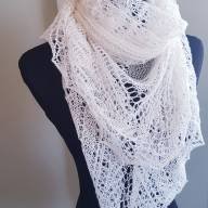 &#039;Pure White and Pearl Beads&#039; Triangular Lace Shawl - 'Pure White and Pearl Beads' Triangular Lace Shawl
