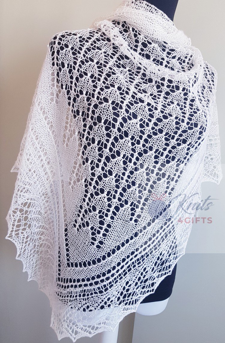 'Pure White and Pearl Beads' Triangular Lace Shawl